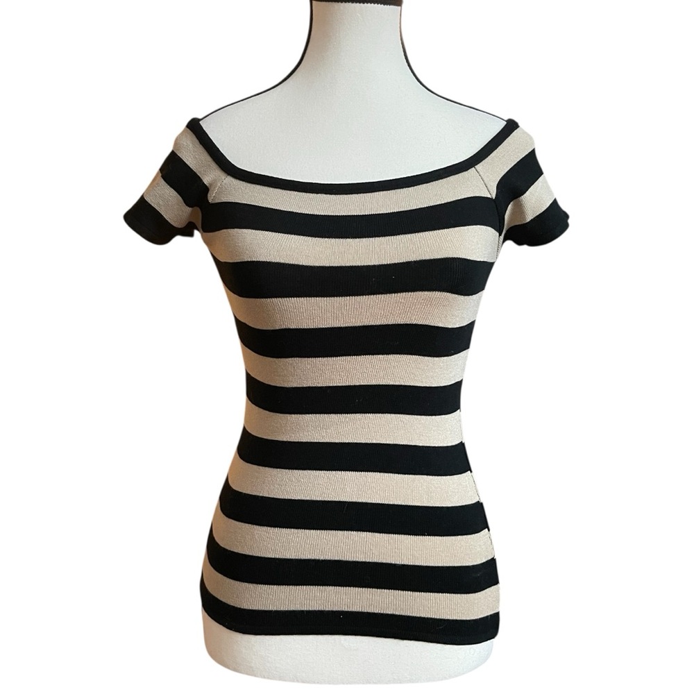 I.N. San Francisco Black and Cream Stripped Fitted‎ Cap Sleeve Top Sz. S